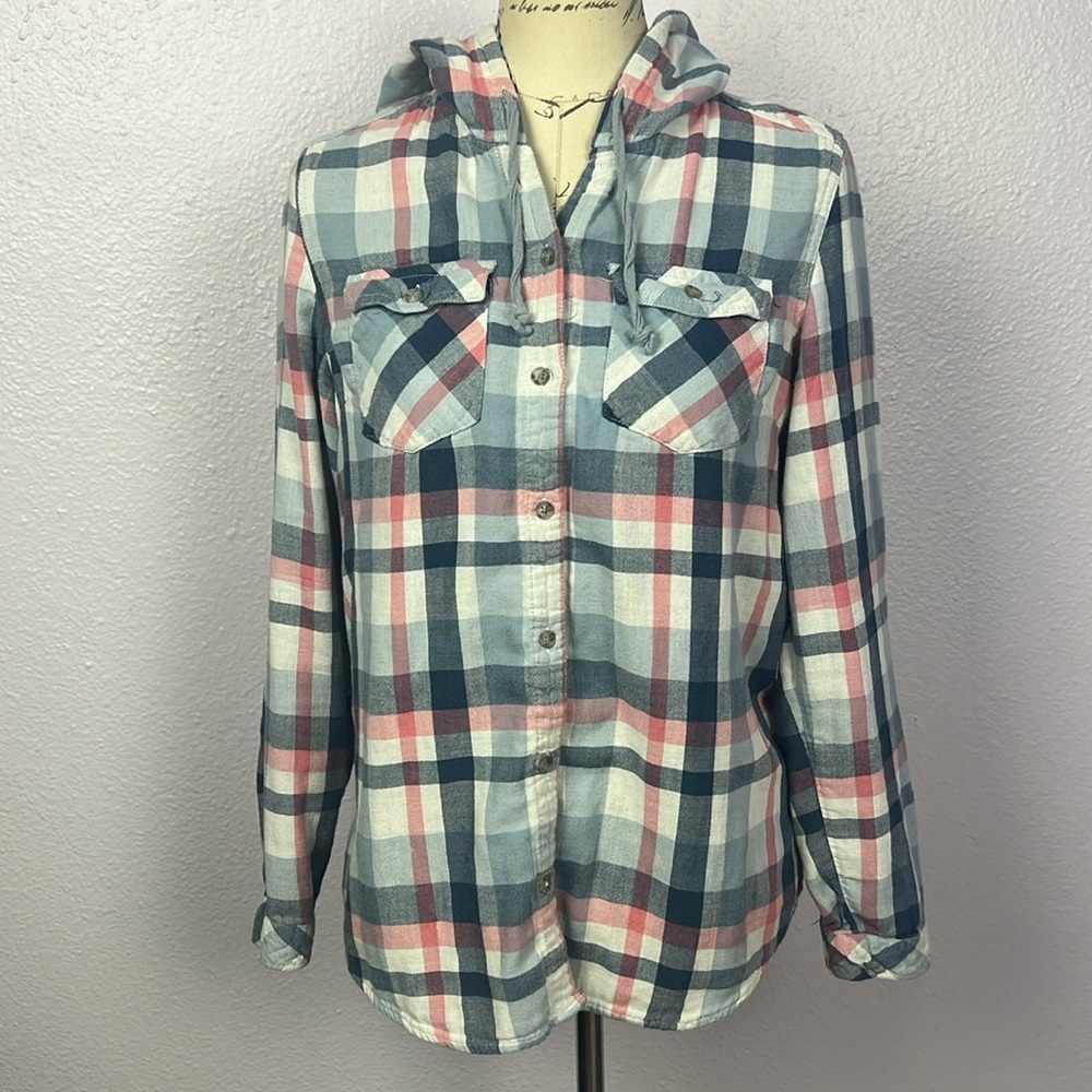 Boston Proper Plaid Hoodie Sweatshirt - Blue, Red, White